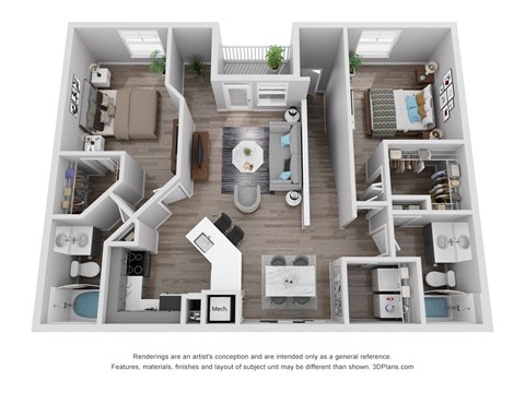 A 3D floor plan of a house with a kitchen, living room, and bedrooms.